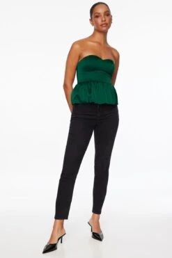 Dynamite Bare Peplum Satin Top In Jewel Green