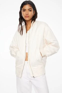 Dynamite Satin Bomber Jacket In Sea Salt Beige