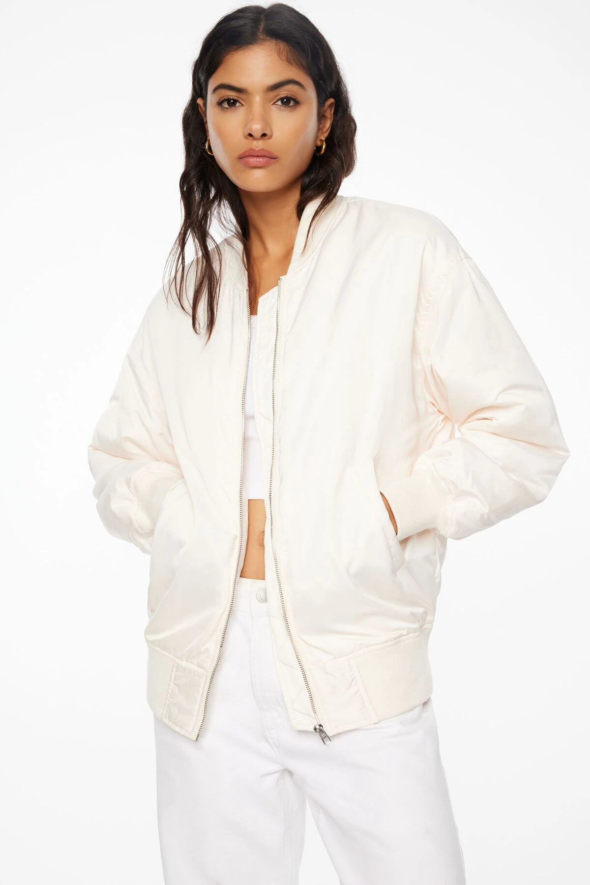 Dynamite Satin Bomber Jacket In Sea Salt Beige