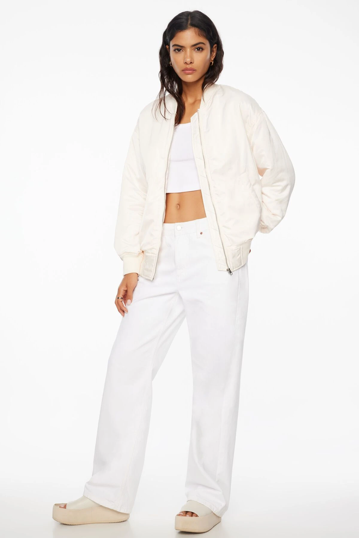 Dynamite Satin Bomber Jacket In Sea Salt Beige - Image 2