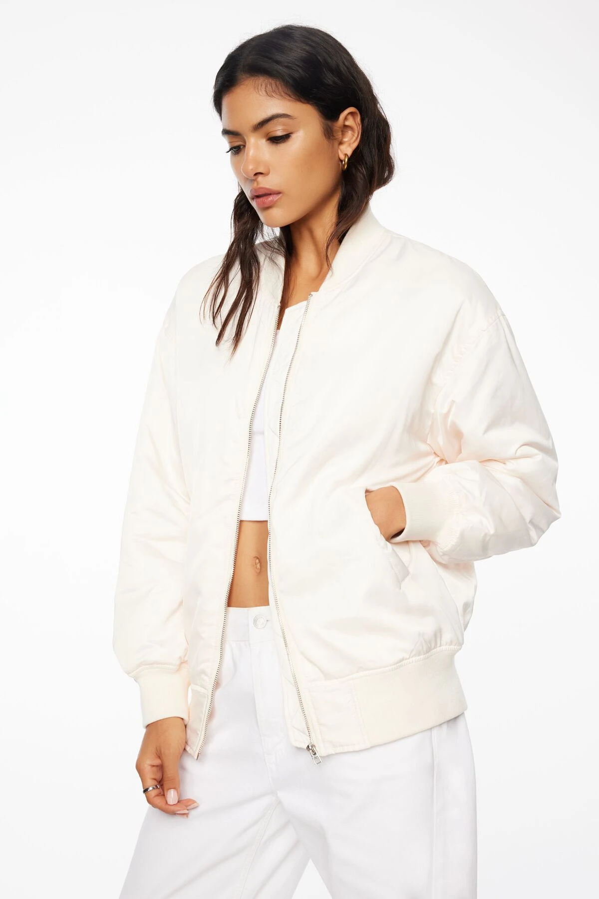 Dynamite Satin Bomber Jacket In Sea Salt Beige - Image 3