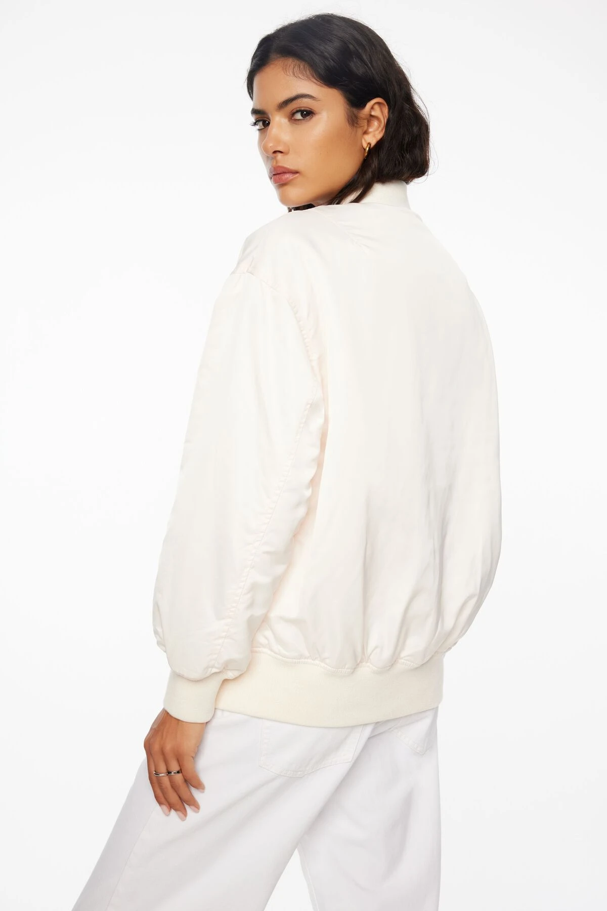 Dynamite Satin Bomber Jacket In Sea Salt Beige - Image 4