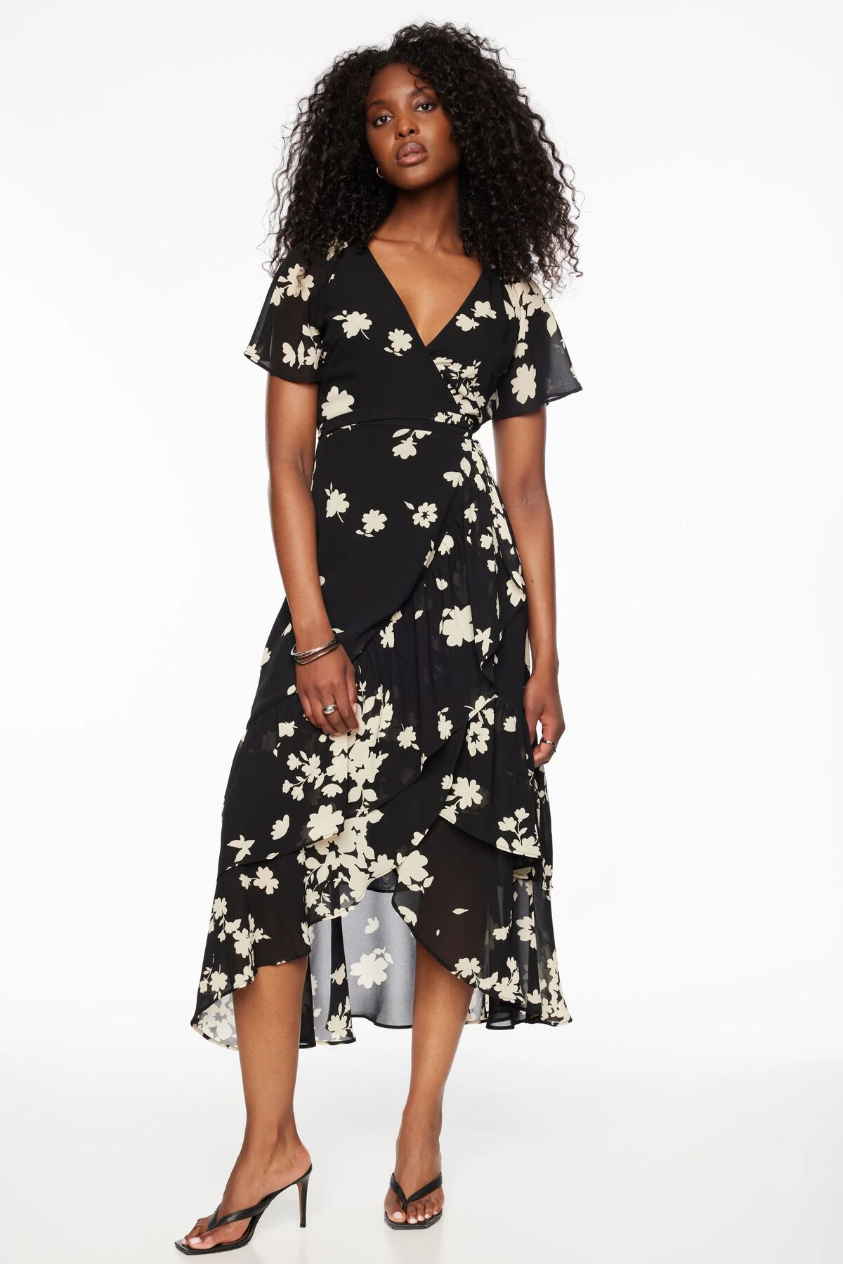 Dynamite Ruffled Wrap Midi Dress In Black Floral