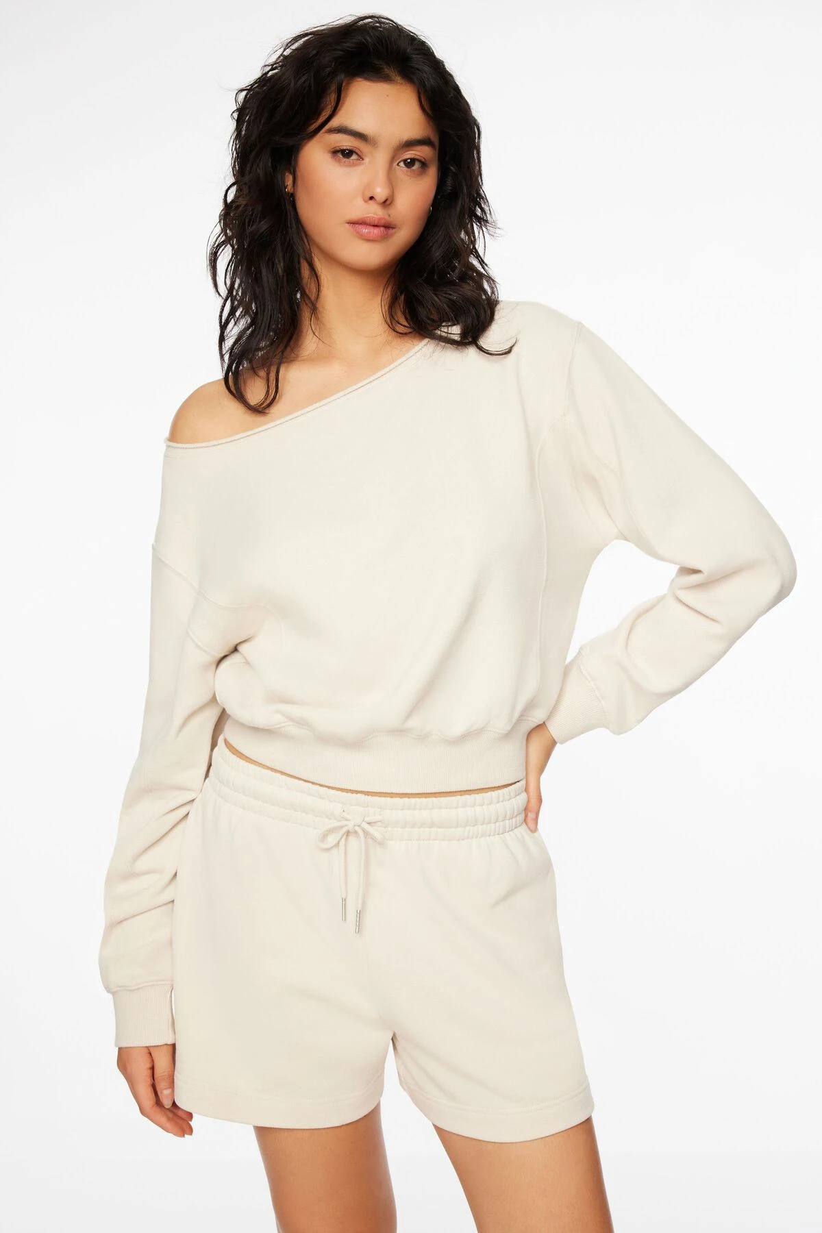 Dynamite Off Shoulder Sweatshirt In Rainy Day Beige