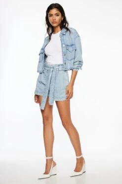 Dynamite Paper Bag Belted Jean Shorts In Indigo Medium Light
