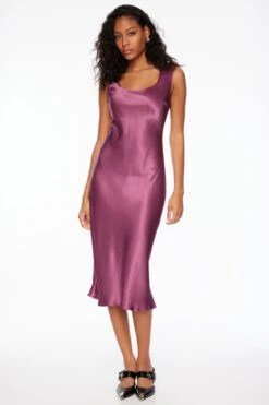 Dynamite Square Neck Satin Slip Midi Dress In Damson Purple