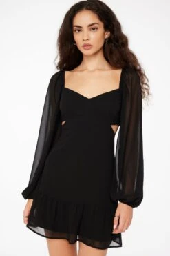 Dynamite Long Sleeve Cut Out Flare Mini Dress In Jet Black
