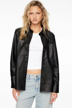 Dynamite Frida Faux Leather Oversized Shirt In Jet Black