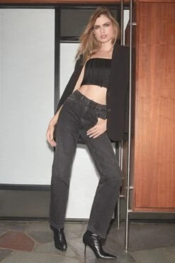 Dynamite Justina Rhinestone Straight Leg Jeans In Black/Medium Dark