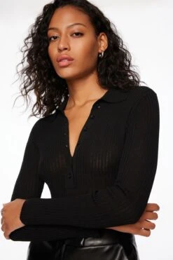 Dynamite Polo Sweater Bodysuit In Jet Black