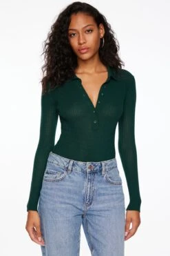 Dynamite Polo Sweater Bodysuit In Jewel Green