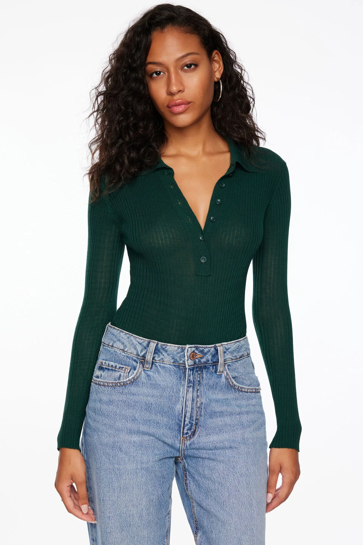 Dynamite Polo Sweater Bodysuit In Jewel Green