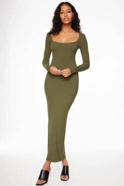 Dynamite Long Sleeve Ribbed Maxi Dress In Kalamata Green