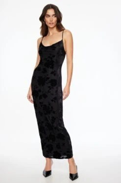 Dynamite Burnout Cowl Neck Midi Dress In Black Rose Burnout