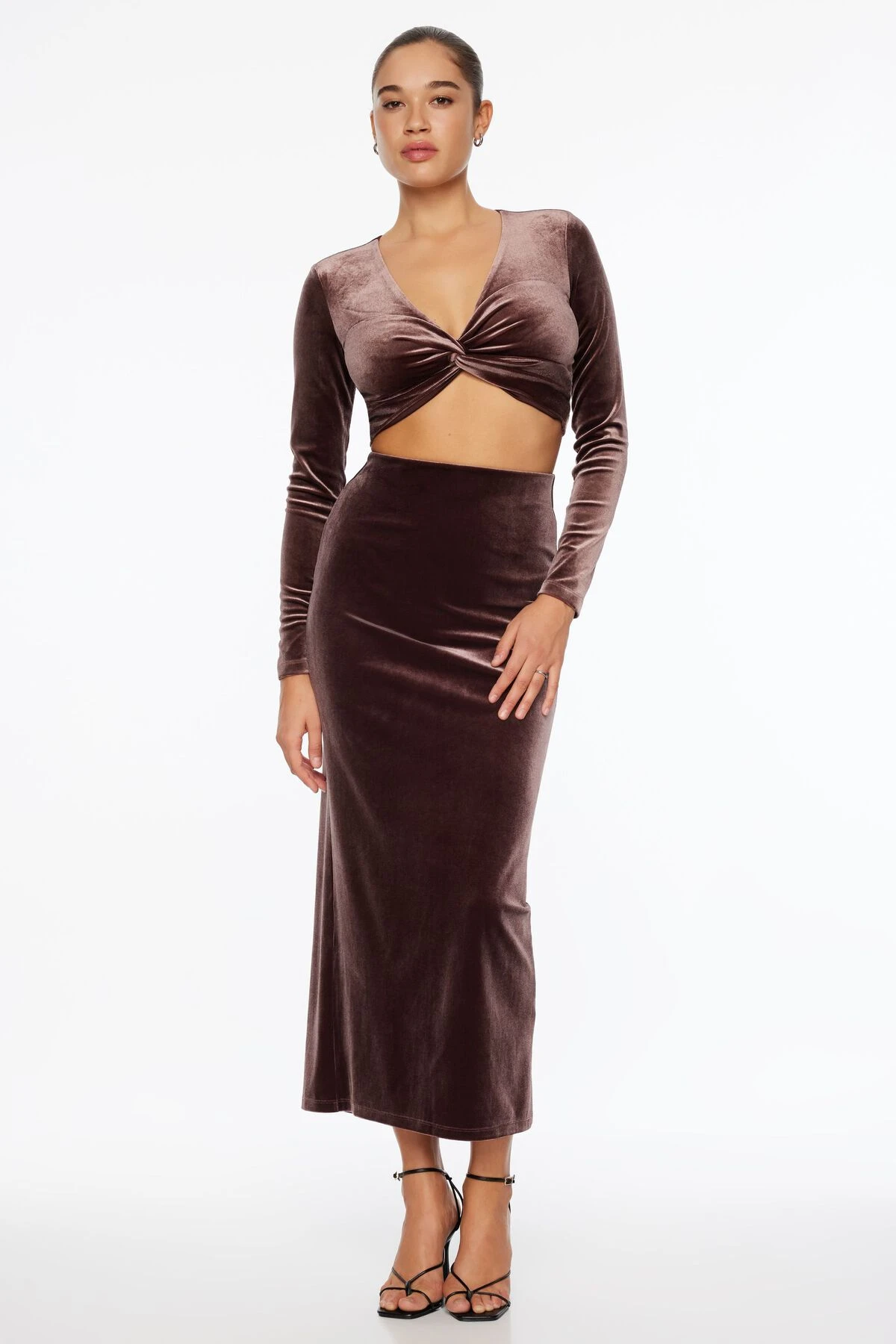 Dynamite Arya Velvet Tube Maxi Skirt In Candied Chestnuts