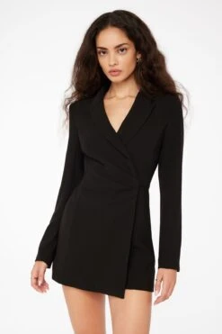 Dynamite Maggie Long Sleeve Blazer Romper With Pleats In Jet Black