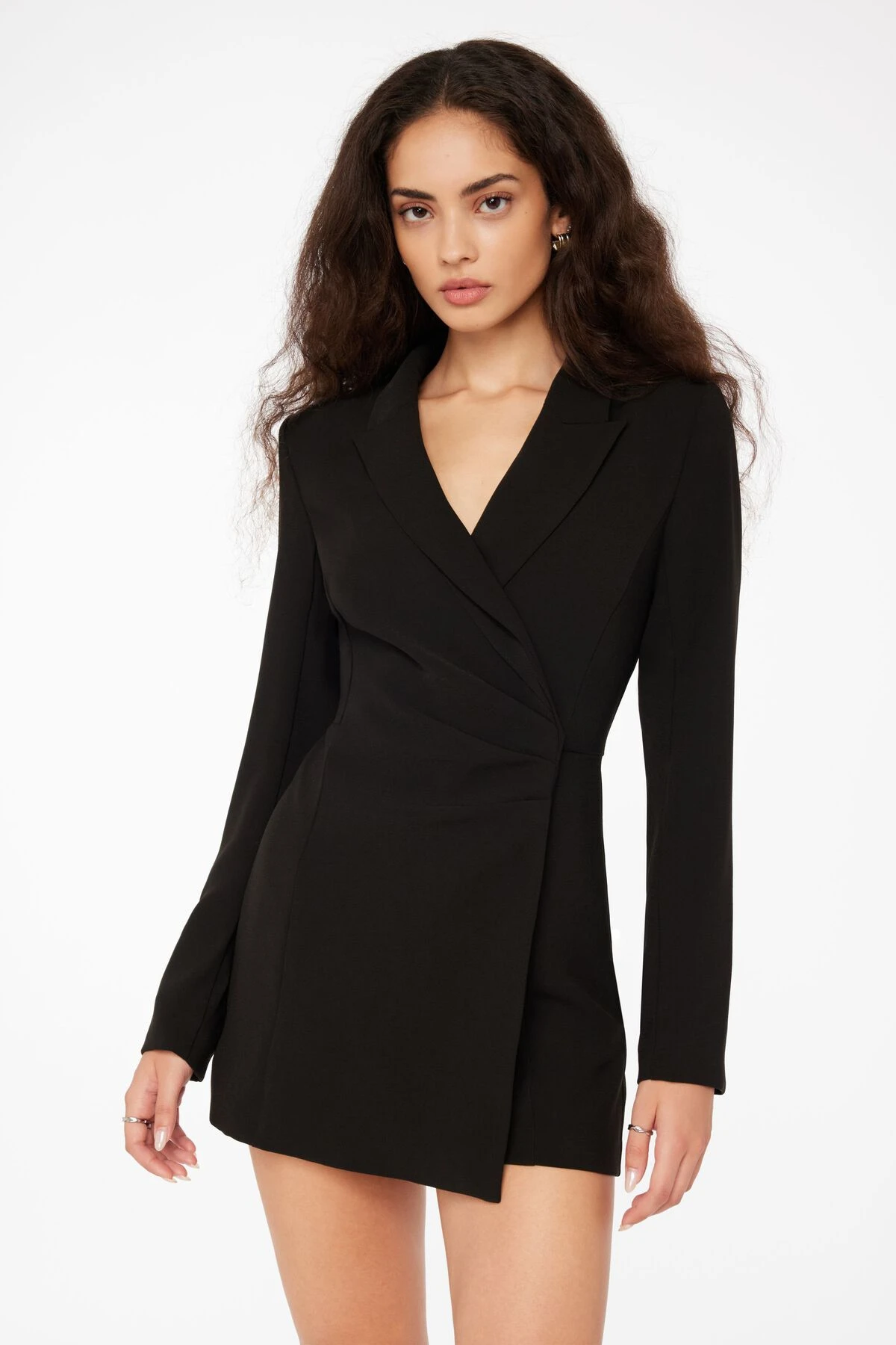 Dynamite Maggie Long Sleeve Blazer Romper With Pleats In Jet Black