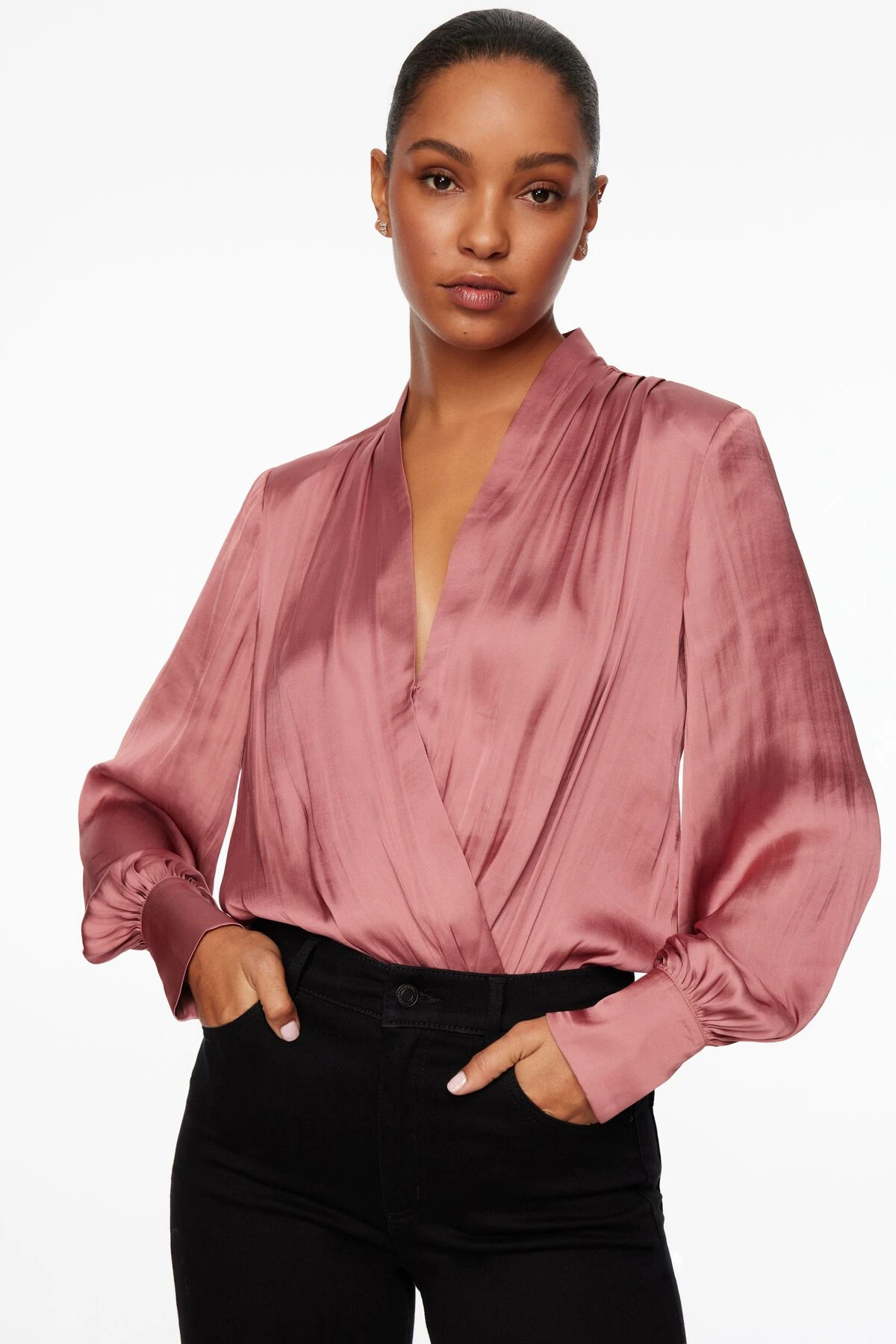 Dynamite Long Sleeve Satin Wrap Bodysuit In Deco Rose