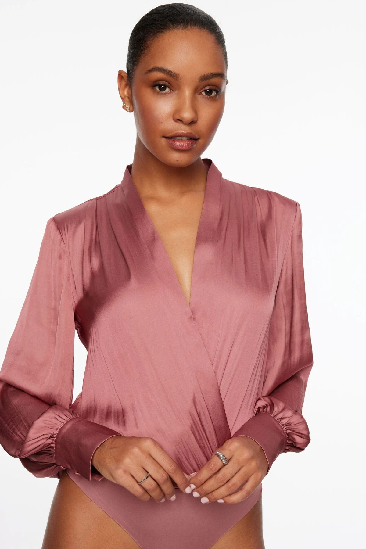 Dynamite Long Sleeve Satin Wrap Bodysuit In Deco Rose - Image 2