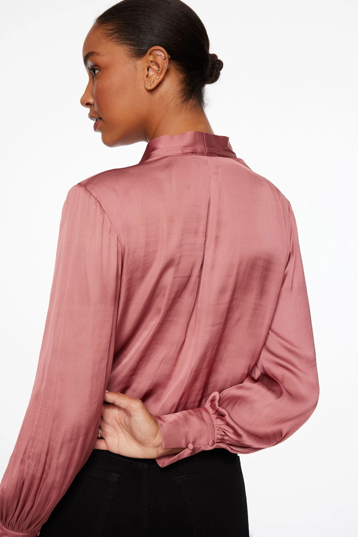 Dynamite Long Sleeve Satin Wrap Bodysuit In Deco Rose - Image 3