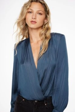 Dynamite Long Sleeve Satin Wrap Bodysuit In Ensign Blue