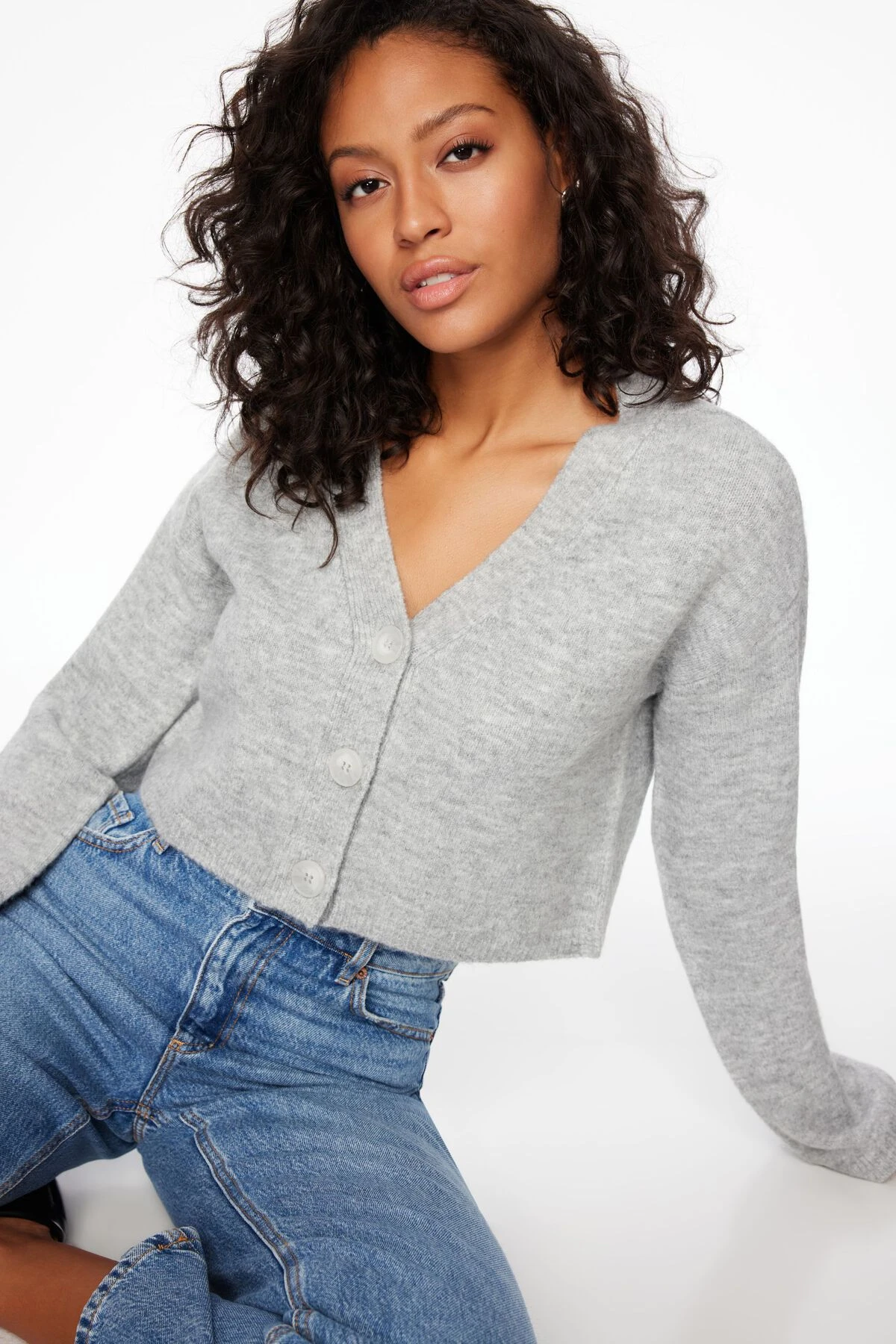 Dynamite Heavenlyarn™ Cropped Cardigan In Light Grey Melange - Image 2