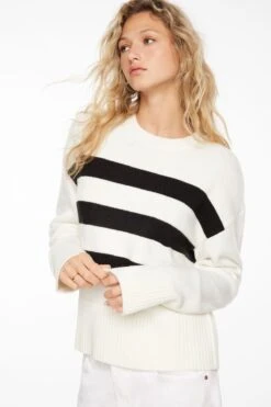 Dynamite Long Sleeve Crew Neck Sweater In Cream & Jet Black Stripe