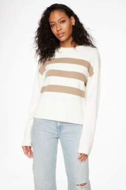 Dynamite Long Sleeve Crew Neck Sweater In Cream & Silver Mink Stripes