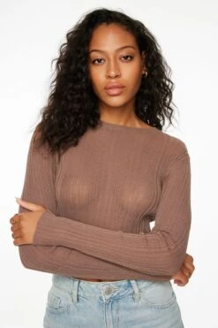 Dynamite Sheer Long Sleeve Sweater Top In Deep Taupe