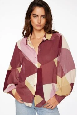 Dynamite Nellie Balloon Sleeve Button Up Shirt In Purple Abstract