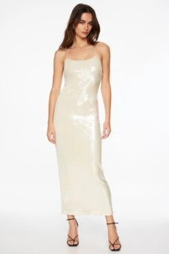 Dynamite Scoop Neck Sequin Maxi Dress In White
