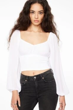 Dynamite Lilie Balloon Sleeve Smocked Top In Bright White