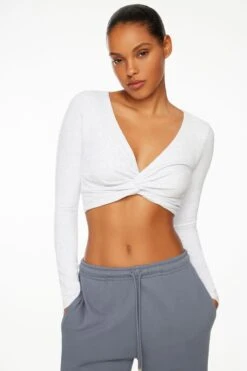 Dynamite Long Sleeve Twist Front Crop Top In Spring Grey Mix