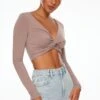 Dynamite Long Sleeve Twist Front Crop Top In Deep Taupe