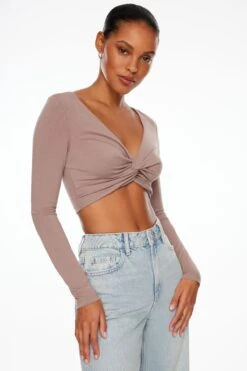 Dynamite Long Sleeve Twist Front Crop Top In Deep Taupe