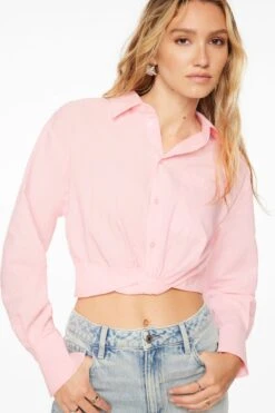 Dynamite Cropped Button Up Shirt In Parfait Pink