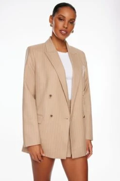 Dynamite Anya Double Breasted Blazer In Beige & White Pinstripe