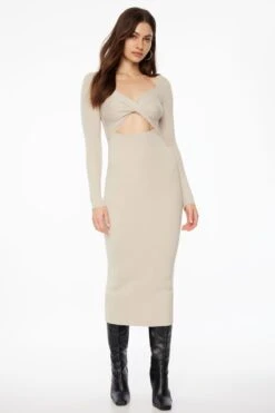 Dynamite Twisted Cutout Midi Dress In Rainy Day Beige