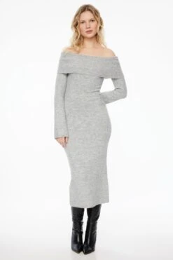 Dynamite Heavenlyarn™ Spongy Off Shoulder Maxi Dress In Light Grey Melange