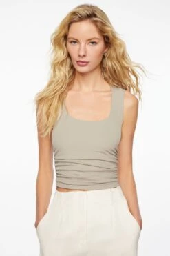 Dynamite Square Neck Ruched Tank Top In Vintage Khaki Green
