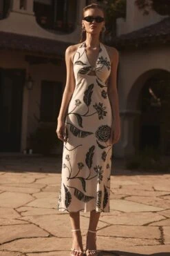 Dynamite Halter Linen Maxi Dress In Cream/Black Floral