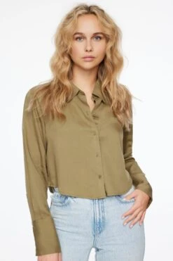 Dynamite Cropped Tencel Shirt In Covert Green