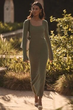 Dynamite Pointelle Long Sleeve Maxi Dress In Deep Lichen Green