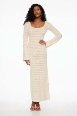 Dynamite Pointelle Long Sleeve Maxi Dress In Polished Pearl Off-White