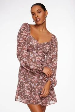 Dynamite Long Sleeve Flare Mini Dress In Taupe & Rose Floral