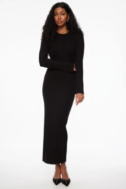 Dynamite Long Sleeve Crewneck Rib Maxi Dress In Jet Black