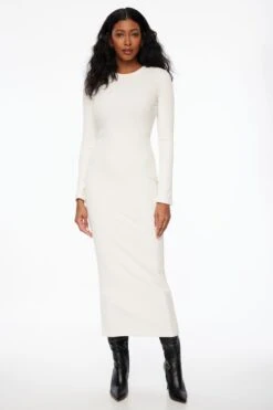 Dynamite Long Sleeve Crewneck Rib Maxi Dress In Sea Salt Off-White