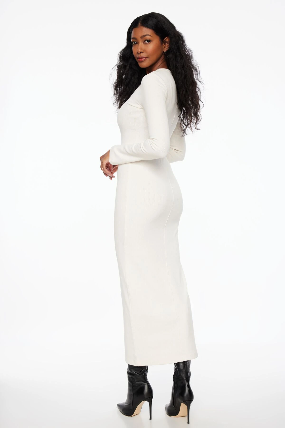Dynamite Long Sleeve Crewneck Rib Maxi Dress In Sea Salt Off-White - Image 3