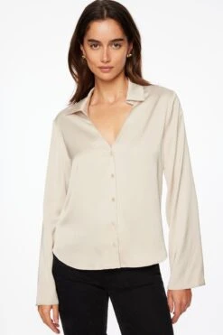 Dynamite Piper Long Sleeve Satin Shirt In Polished Pearl Beige