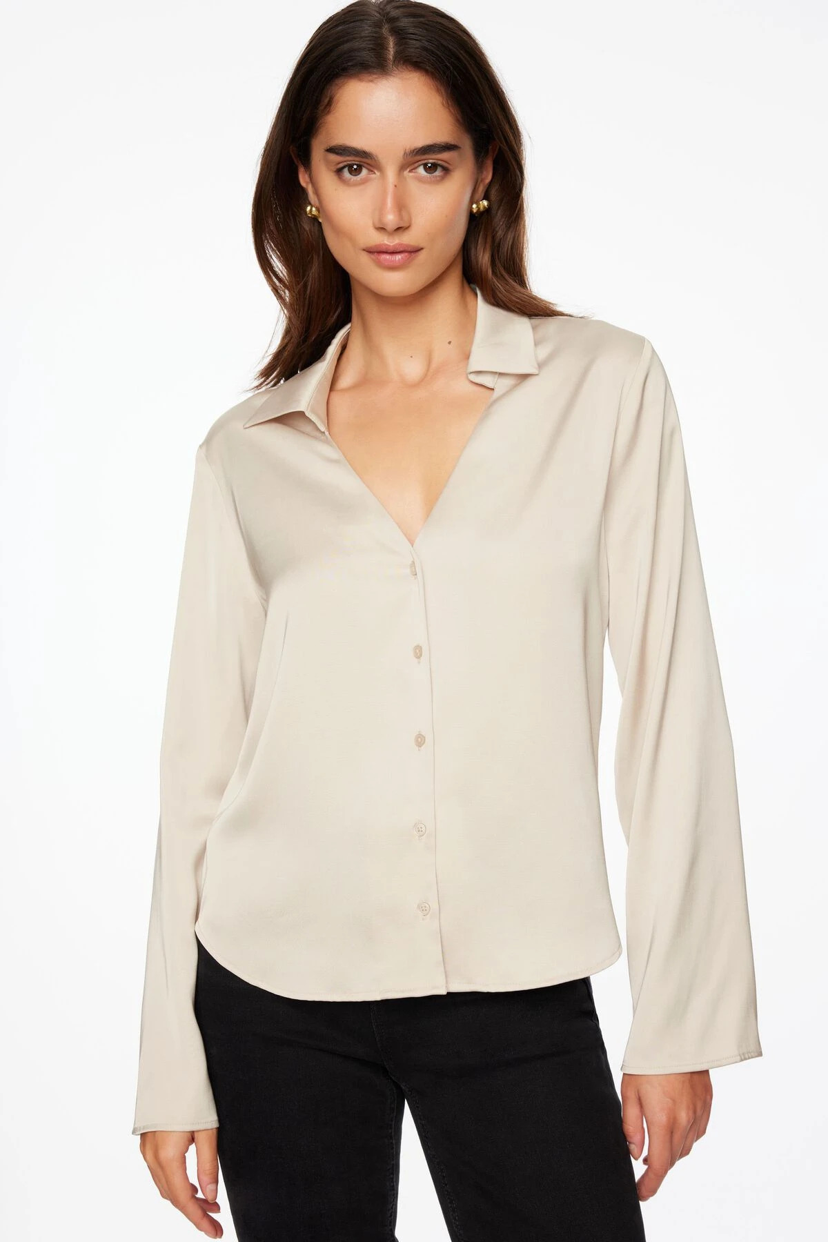 Dynamite Piper Long Sleeve Satin Shirt In Polished Pearl Beige